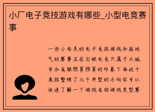 小厂电子竞技游戏有哪些_小型电竞赛事
